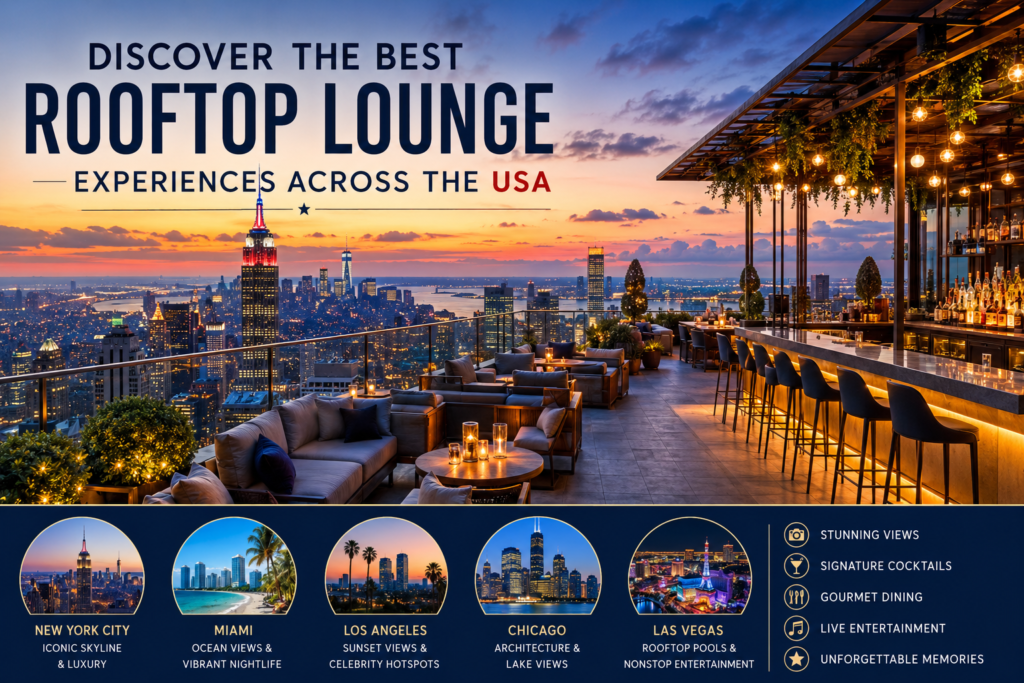Discover the best rooftop lounge experiences across the USA featuring luxury rooftop bars, skyline views, gourmet dining, and premium nightlife.