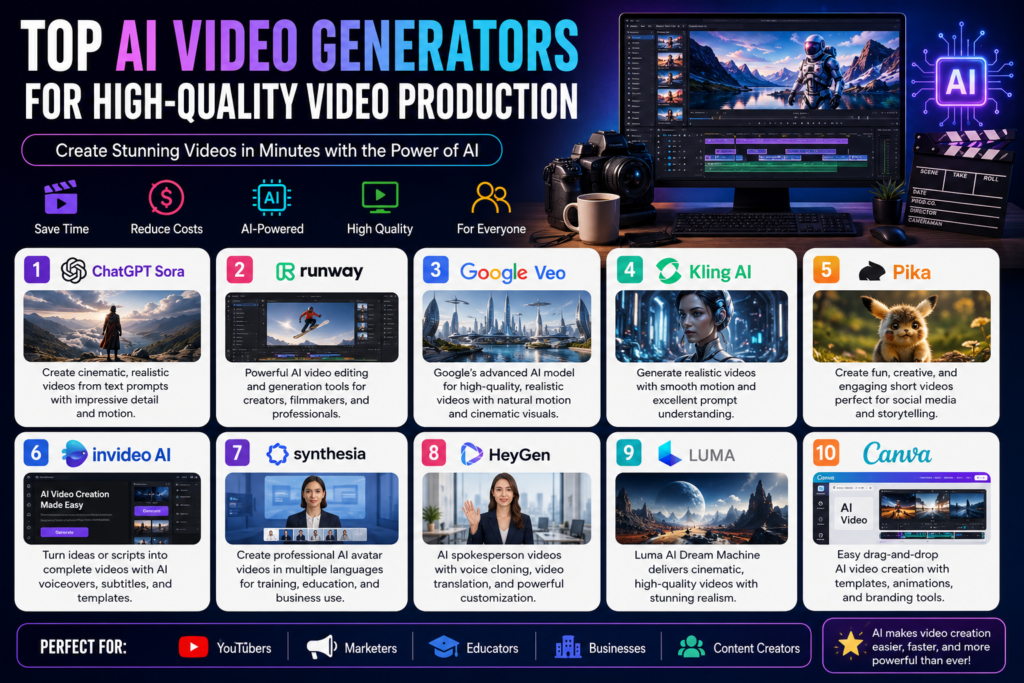 Top AI video generators for creating high-quality videos using artificial intelligence.