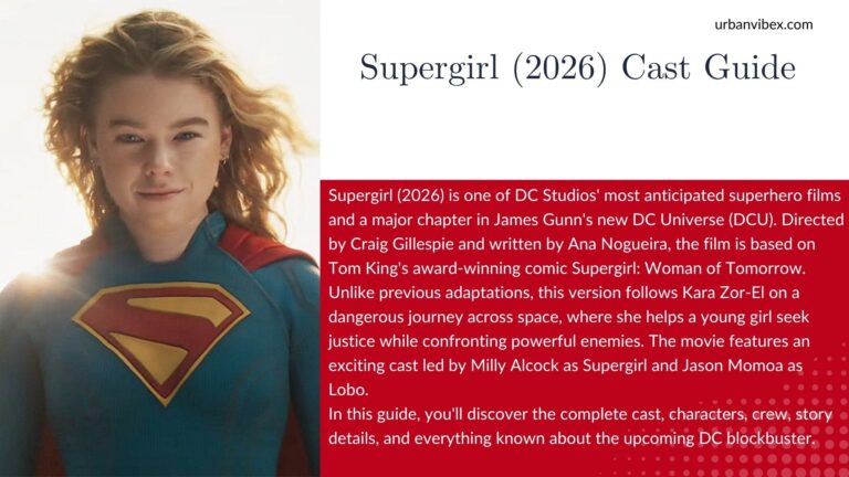 Cast of Supergirl (2026), featuring Milly Alcock as Supergirl, Jason Momoa as Lobo, and the main cast members.