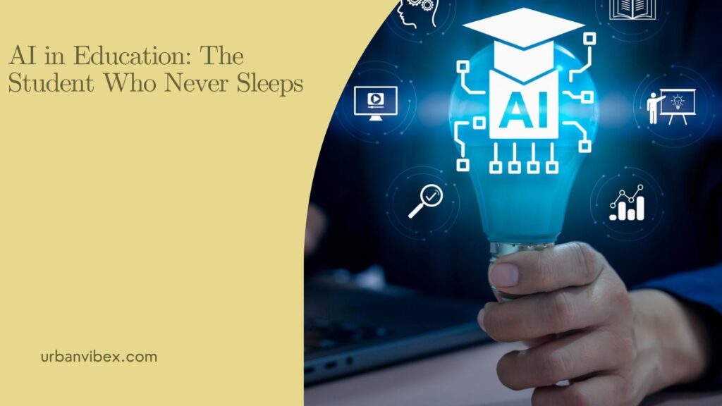 Students using artificial intelligence technology in a modern classroom for personalized learning and digital education.