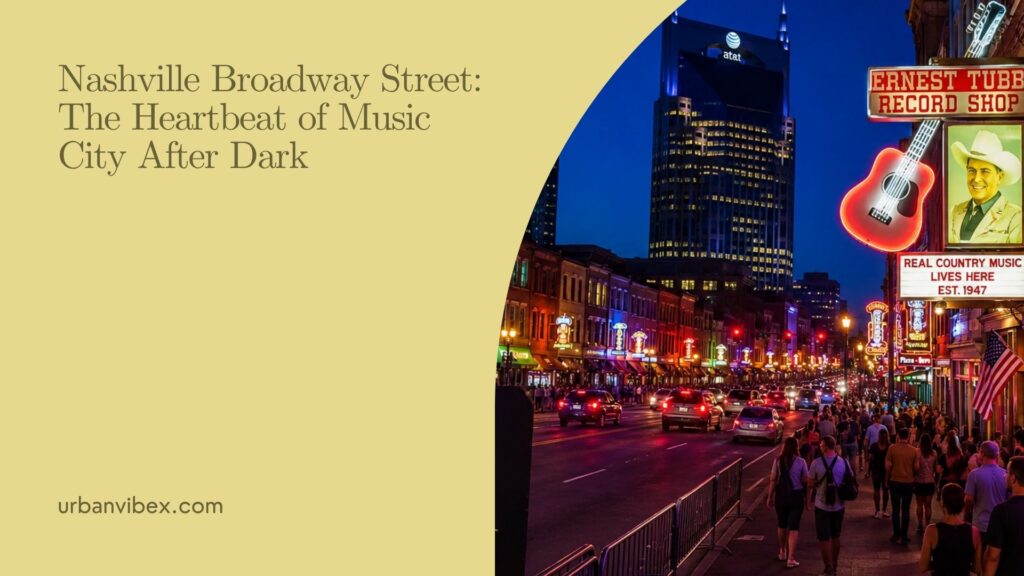 Nashville Broadway Street illuminated with live music venues and neon signs at night