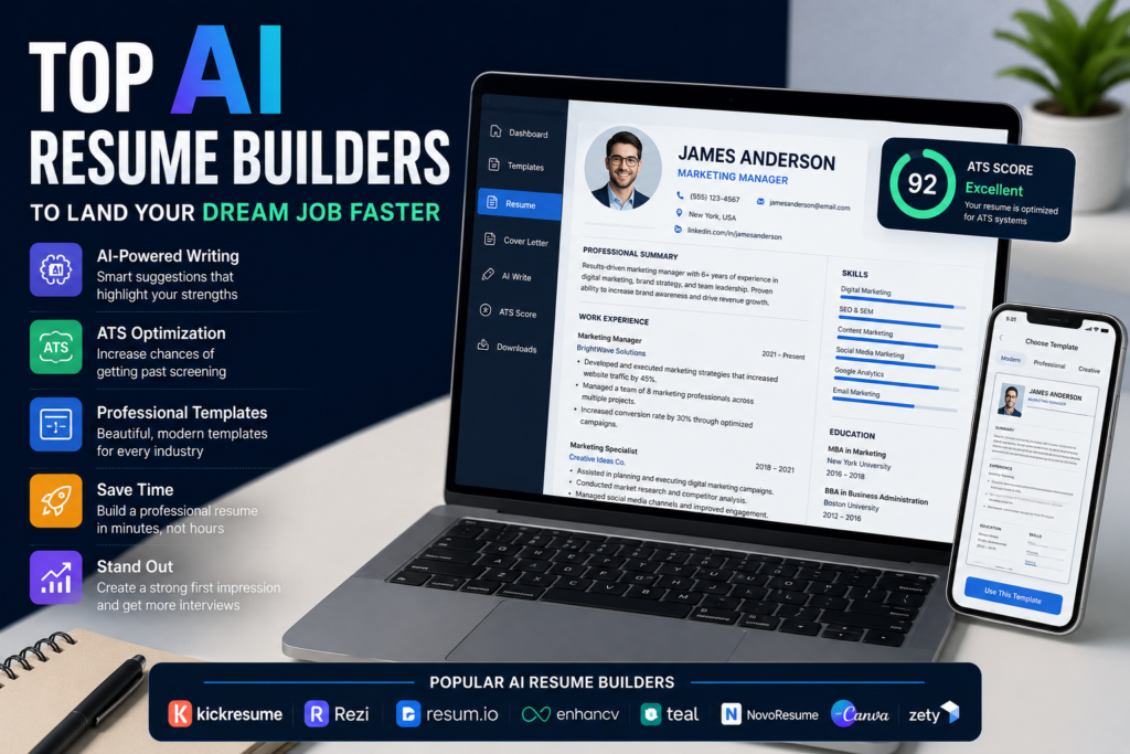 Top AI resume builders helping job seekers create professional ATS-friendly resumes.