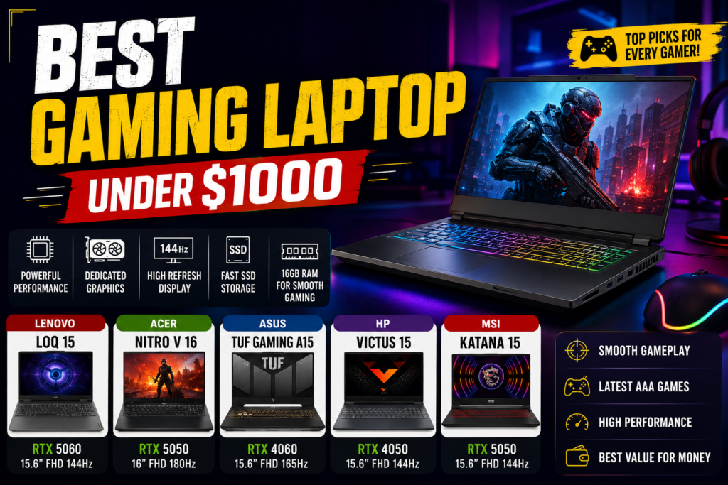Best gaming laptop under $1000 featuring Lenovo LOQ 15, Acer Nitro V 16, ASUS TUF Gaming A15, HP Victus 15, and MSI Katana 15