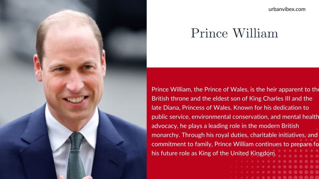 Prince William, Prince of Wales and heir to the British throne, attending an official royal engagement.